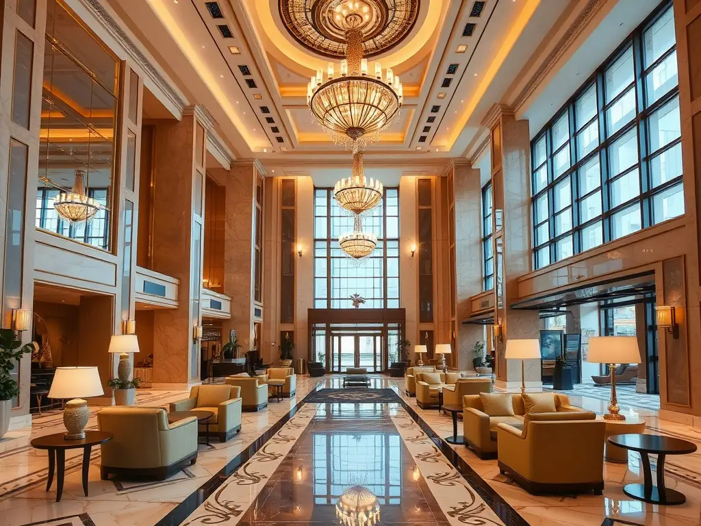 A luxurious image of a high-end hotel lobby, representing BDG Holdings' involvement in the hospitality industry, with a focus on comfort and service.