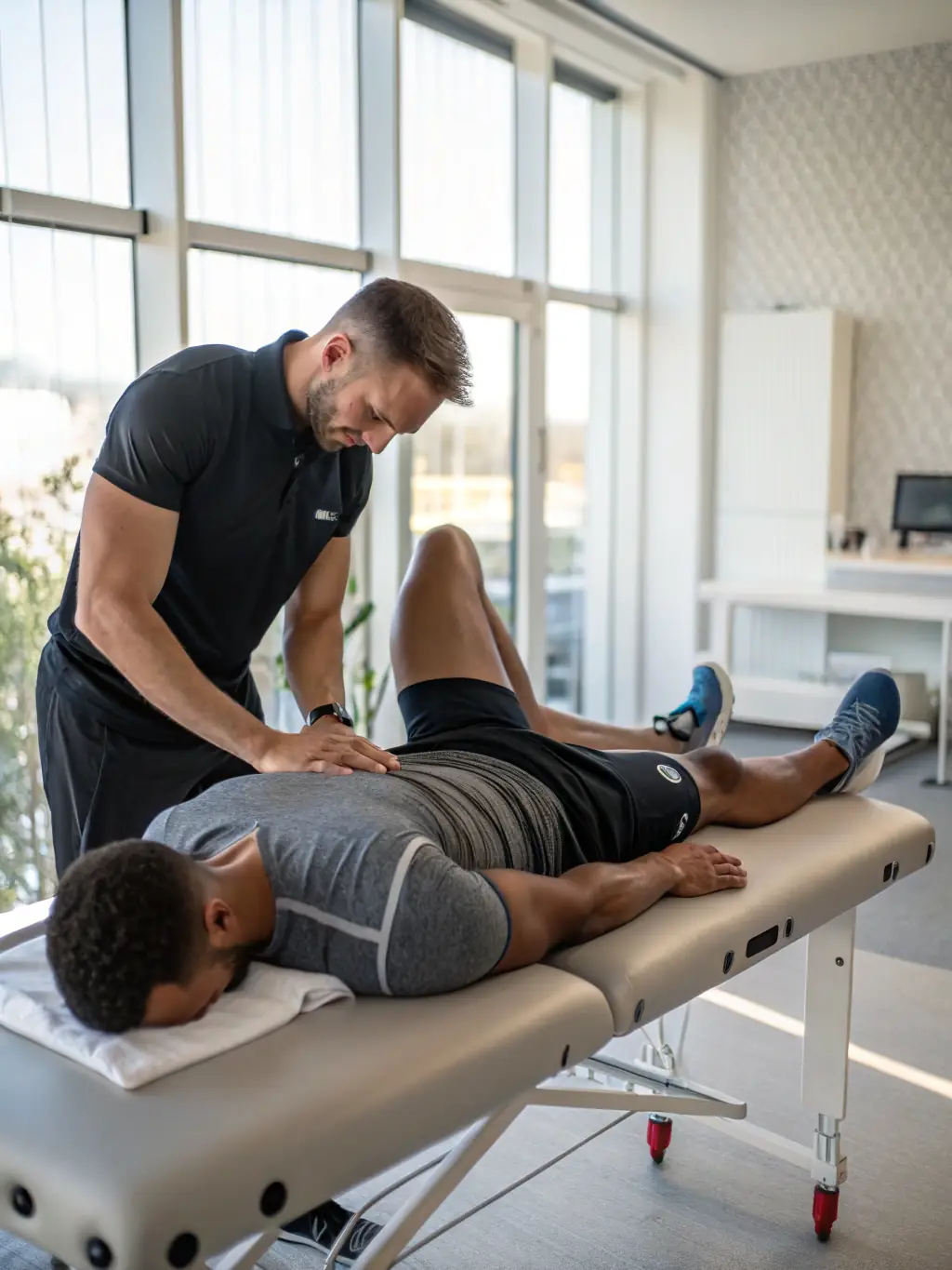 Image of an athlete receiving advanced physiotherapy treatment, emphasizing injury prevention and recovery protocols with state-of-the-art equipment.
