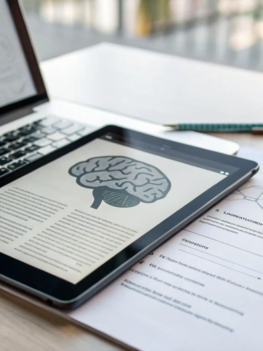 A cognitive assessment test being performed on a tablet, showing brain activity visualizations and performance metrics, highlighting cognitive skill assessment.