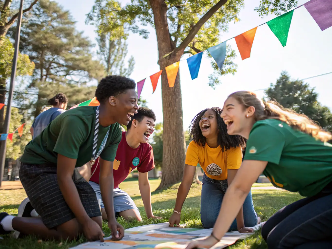 A photo of a diverse group of athletes participating in a team-building exercise, emphasizing the importance of psychological and social development in MBSP's holistic approach.
