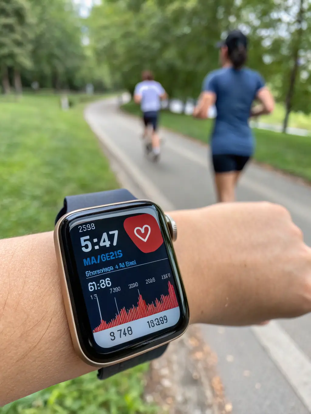 A close-up shot of a smartwatch displaying a personalized training plan generated by AI, showcasing dynamic workout routines and real-time feedback for an athlete.