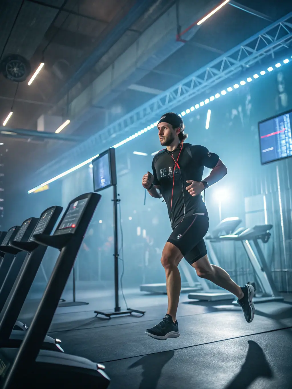 An athlete wearing sensors during training, with data visualizations overlaid, illustrating predictive performance analytics identifying areas for improvement.
