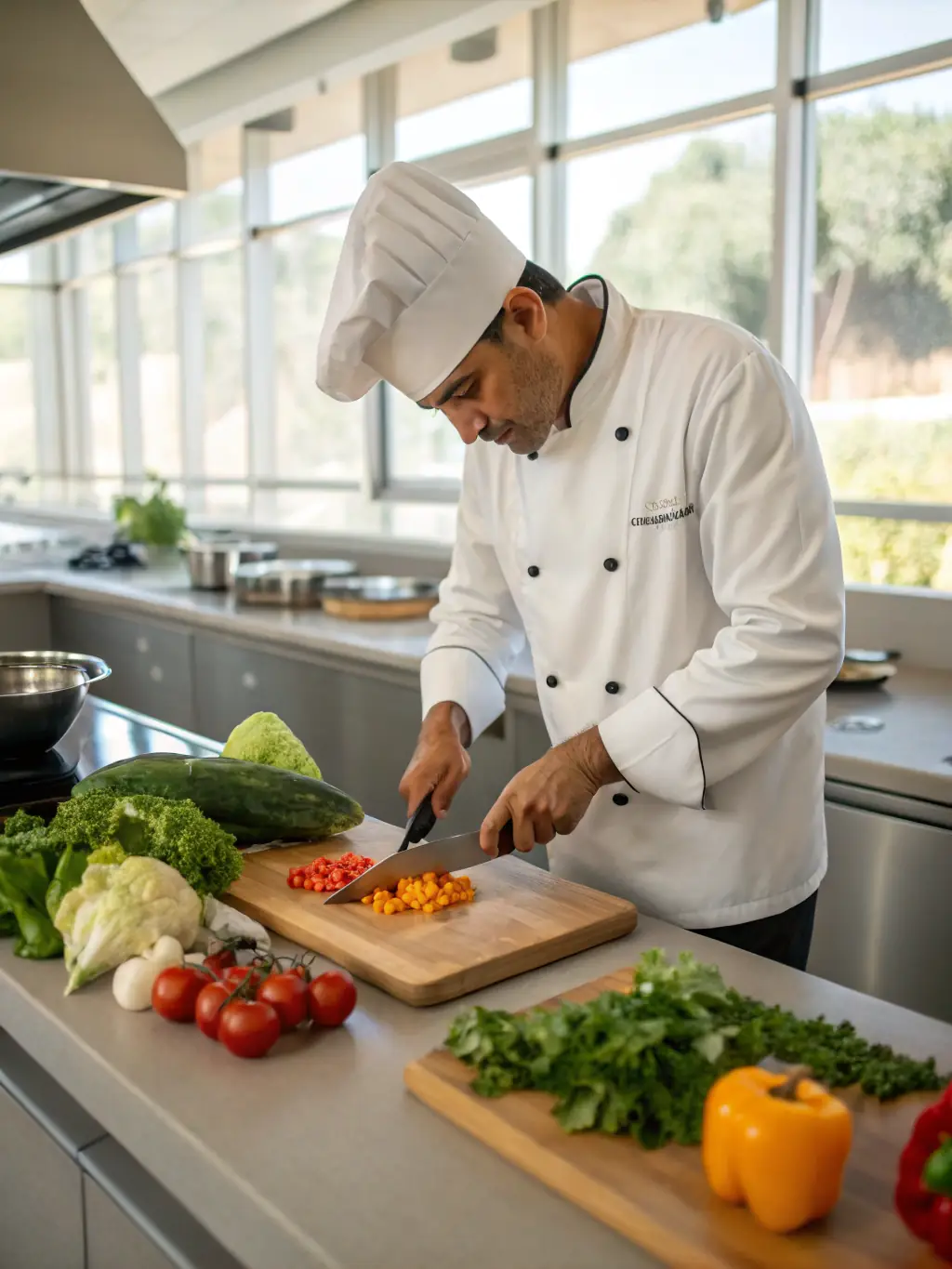 Image of a chef preparing a personalized nutrition plan based on scientific data, highlighting fresh, healthy ingredients and a focus on performance enhancement.